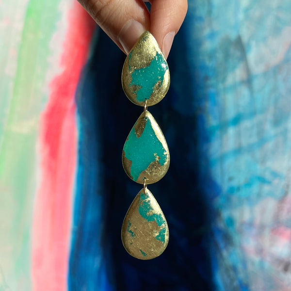 Three Tear Drop Earrings, Aqua Green & 18k Gold Leaf Splash