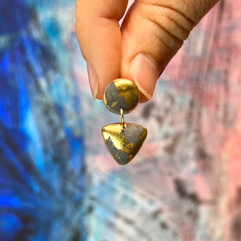 Small Circle Tri Drop Earrings, 23k Gold Leaf Splash & Steel Grey