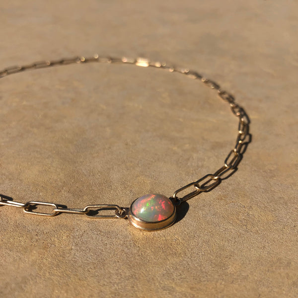 2.5ct pink opal and 10k handmade chain necklace