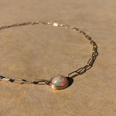 2.5ct pink opal and 10k handmade chain necklace