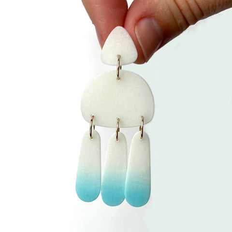 Medium Three Tassel Earring, Powder White - Sky Blue