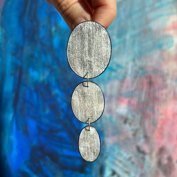 Three Oval Drop Earrings, Silver Leaf Solid & Midnight Blue