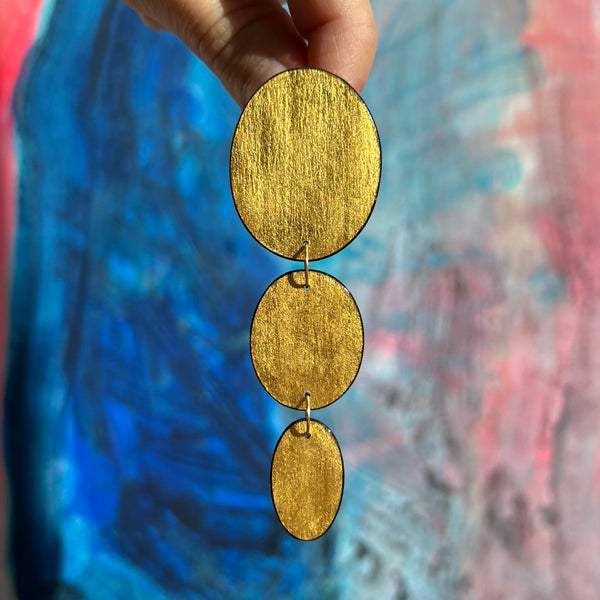 Three Oval Drop Earrings, 23k Gold Leaf Solid & Black