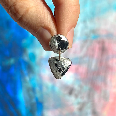 Small Circle Tri Drop Earrings, Silver Leaf Splash & Black
