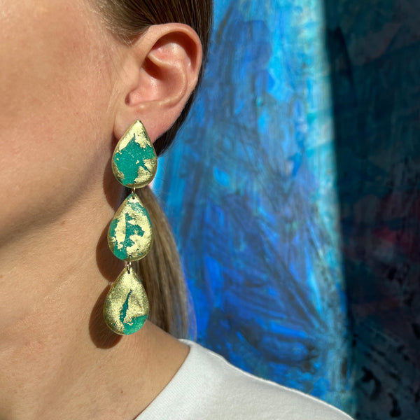 Three Tear Drop Earrings, Aqua Green & 18k Gold Leaf Splash