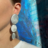 Three Oval Drop Earrings, Silver Leaf Solid & Midnight Blue