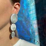 Three Oval Drop Earrings, Silver Leaf Solid & Midnight Blue