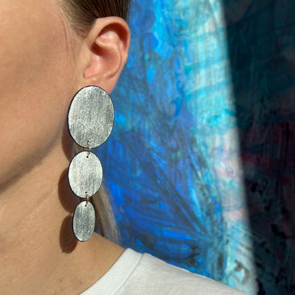 Three Oval Drop Earrings, Silver Leaf Solid & Midnight Blue