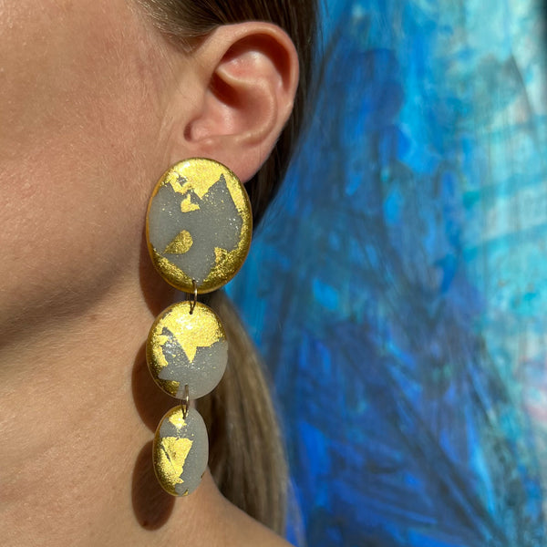 Three Oval Drop Earrings, Grey & 23k Gold Splash