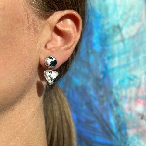 Small Circle Tri Drop Earrings, Silver Leaf Splash & Black