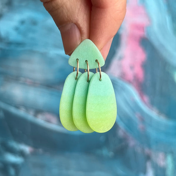 Small Three Tassel Earring, Aqua Green - Lime Green