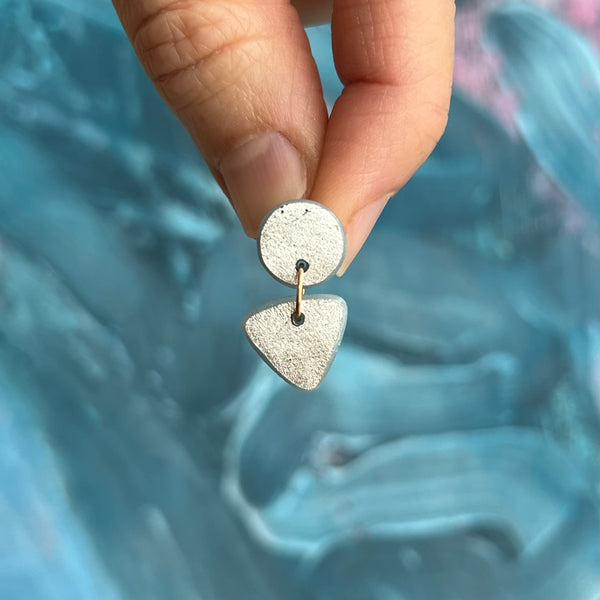 Small Circle Tri Drop Earrings, Silver Leaf Solid & Sky Blue