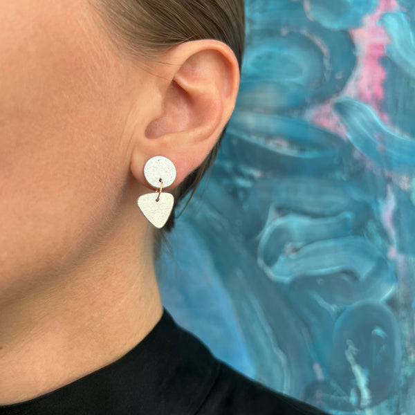 Small Circle Tri Drop Earrings, Silver Leaf Solid & Sky Blue