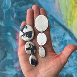 Three Oval Drop Earrings, Silver Leaf Solid & Midnight Blue