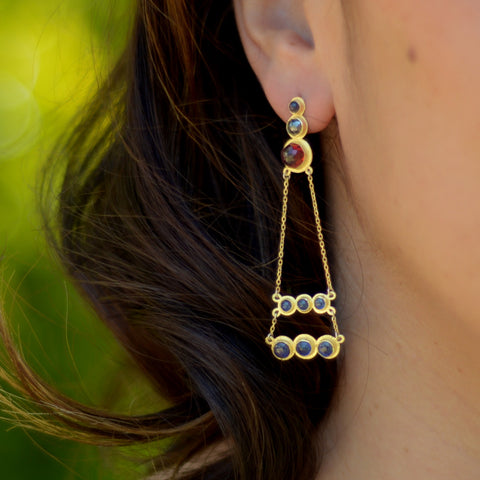 Diamond sapphire garnet chandelier earrings