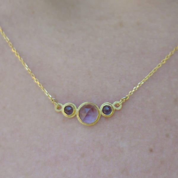 Three stone amethyst iolite necklace