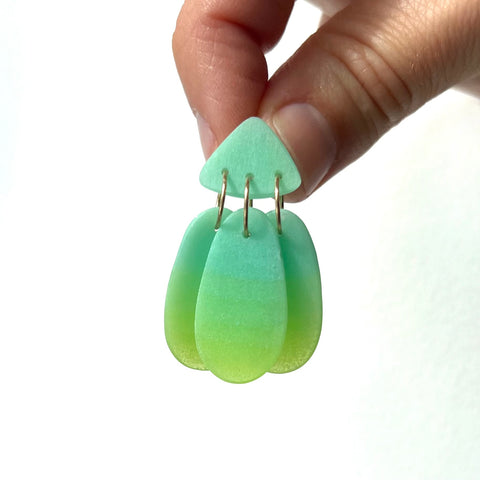 Small Three Tassel Earring, Aqua Green - Lime Green