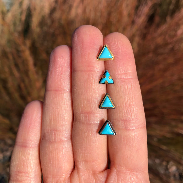 Small Triangular Turquoise Studs in Oxidized Silver and Gold