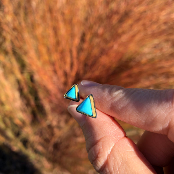 Small Triangular Turquoise Studs in Oxidized Silver and Gold