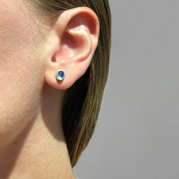Small oval moonstone studs in sterling silver