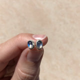 Small oval moonstone studs in oxidized sterling silver