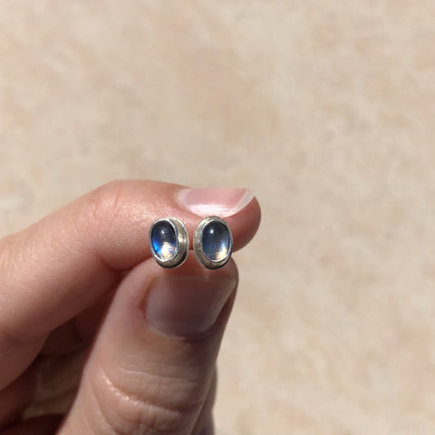 Small oval moonstone studs in oxidized sterling silver
