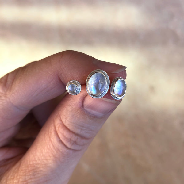 Large oval moonstone studs in sterling silver