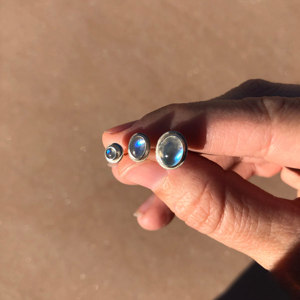 Large oval moonstone studs in sterling silver