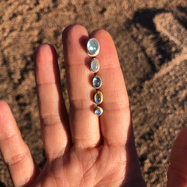Small oval moonstone studs in oxidized sterling silver