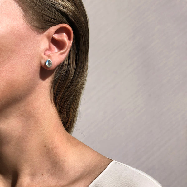 Large oval moonstone studs in sterling silver