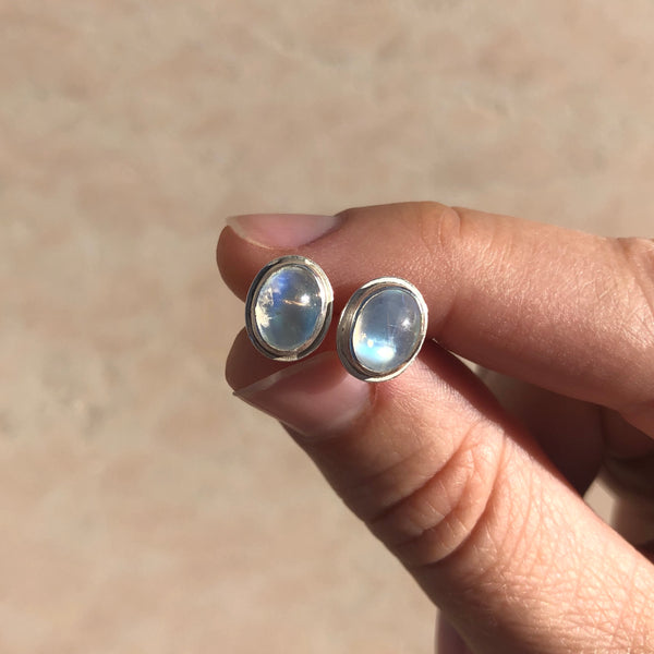 Large oval moonstone studs in sterling silver