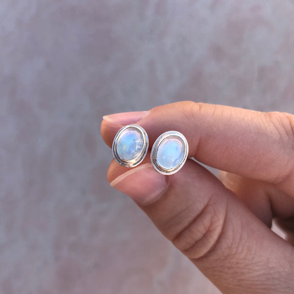 Large oval moonstone studs in sterling silver
