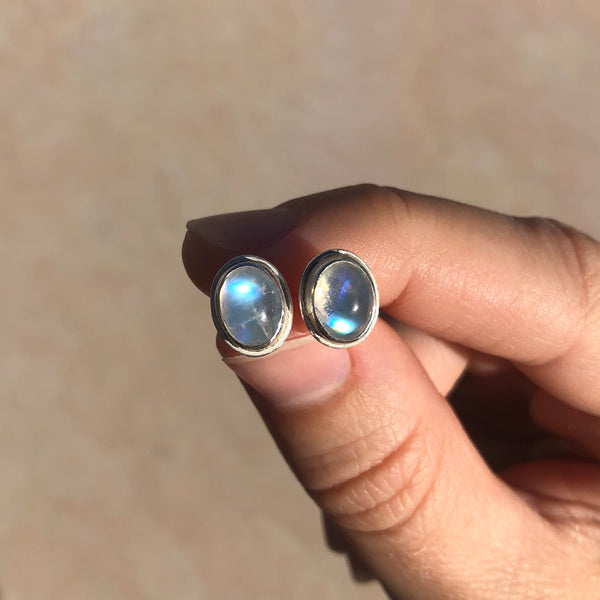Large oval moonstone studs in sterling silver