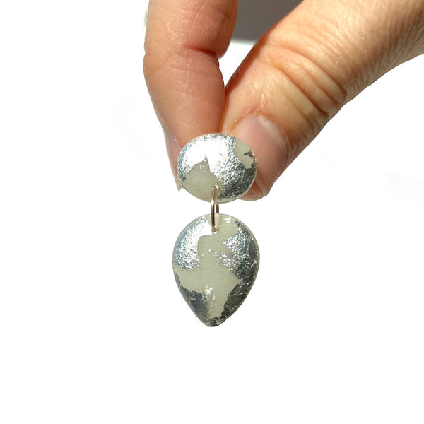 Medium Tear Drop Earrings, Silver Leaf Splash & Light Grey