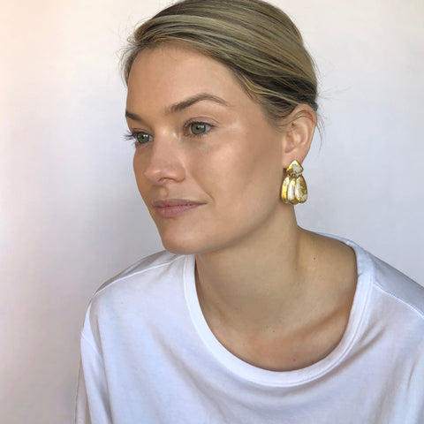 Small Three Tassel Earring, Bone - Aqua
