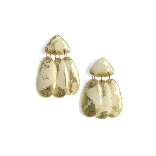 Small Three Tassel Earrings, 18k Gold Leaf Splash