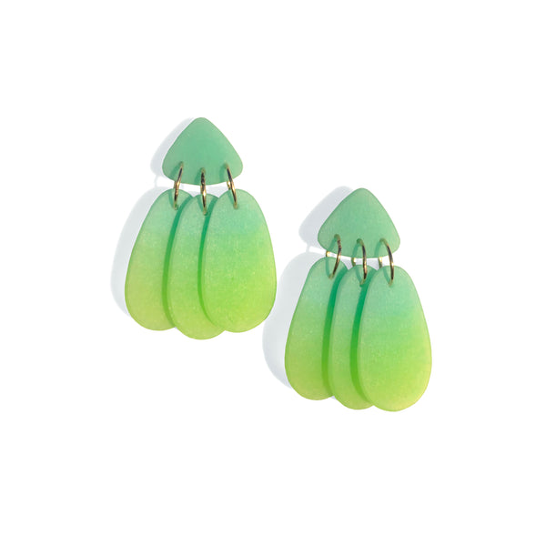 Small Three Tassel Earring, Aqua Green - Lime Green