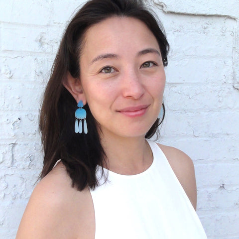 Medium Three Tassel Earring, White - Sky Blue
